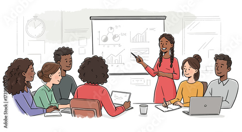 Diverse Professional Business Team Collaborating and Presenting Data in a Productive Meeting