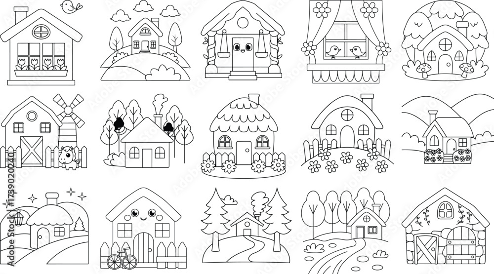 Naklejka premium Charming Outline Illustrations of Cute Houses and Rural Landscapes Keywords: house, home, cottage, village, rural, landscape, nature, trees, forest, windmill, fence, flowers, garden, hills