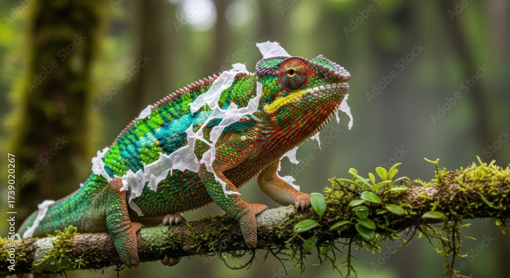 Fototapeta premium Vibrant chameleon gracefully shedding its skin amidst a lush rainforest backdrop