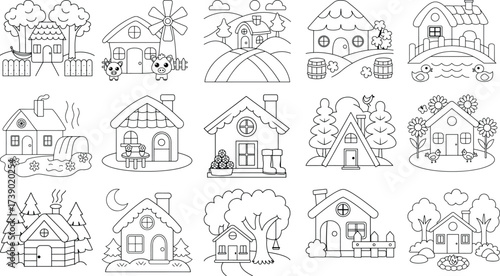 Charming Line Art Illustrations Of Countryside Houses And Nature Scenes farmhouses vector