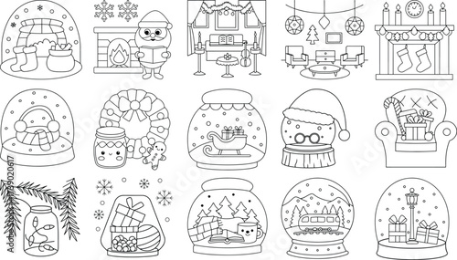 Collection of Christmas Themed Line Art Illustrations for Coloring and Design Keywords: christmas, holiday, winter, snow globe, santa, fireplace, stockings, gifts, wreath, gingerbread, sleigh