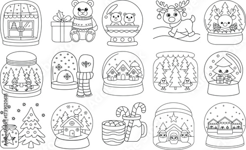 Christmas Themed Line Art Icons Featuring Snow Globes Bears Reindeer And Winter Accessories vector call