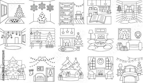 Diverse Christmas and Winter Interior Scenes in Black and White Line Art Keywords: christmas, winter, holiday, season, festive, snow, tree, pine, fir, house, cabin, interior, room, fireplace