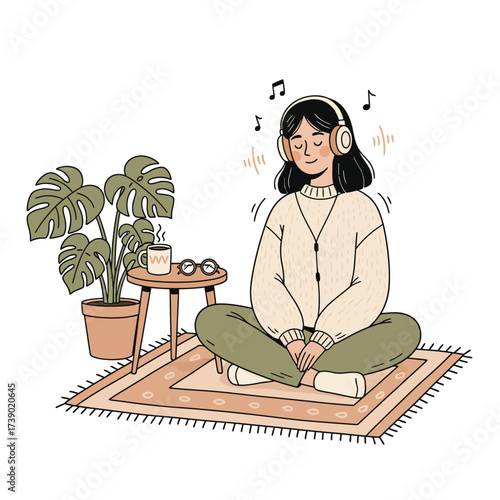 Woman Meditating While Listening to Music with Headphones	