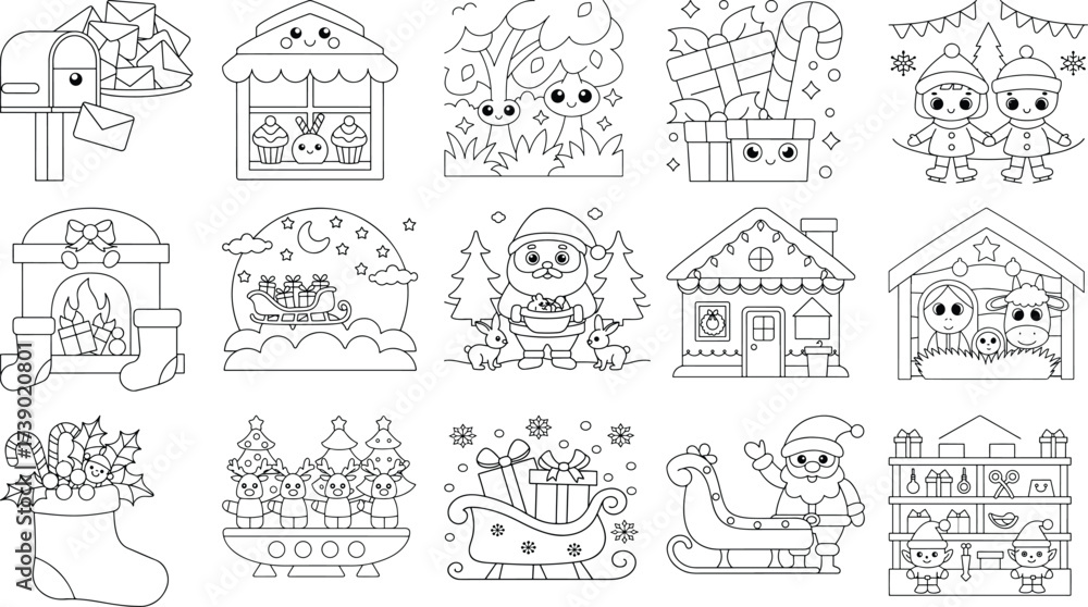 Fototapeta premium Christmas Coloring Pages with Cute Characters and Objects vector santa