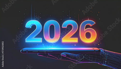 Futuristic Vision: A digital illustration portrays the year 2026 hovering above a sleek, modern device, held by an ethereal hand, symbolizing the fusion of technology and the future. 
