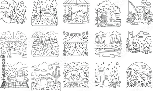 Whimsical Outline Illustrations of Camping Adventures and Nature Scenes Keywords: camping, outdoor, nature, adventure, travel, tent, campfire, fox, bear, dog, marshmallows, coffee, mountains