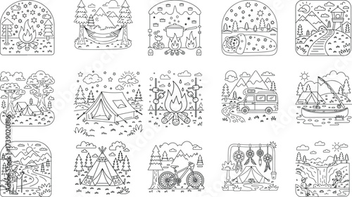 Collection of Outline Illustrations of Camping and Outdoor Activities Keywords: camping, outdoor, nature, adventure, travel, tent, campfire, mountains, trees, forest, backpacker, hiking, hammock