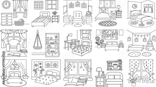 Cozy and Inviting Bedroom Interiors for Coloring and Relaxation furniture