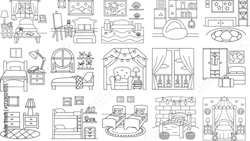 Collection of Hand Drawn Bedroom Interiors Furniture and Decorative Elements Keywords: bedroom, interior, furniture, bed, bunk bed, armchair, lamp, nightstand, dresser, wardrobe, window, curtains