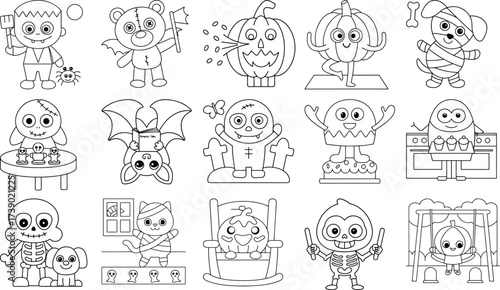 Halloween Themed Coloring Pages Featuring Cute Characters And Objects Keywords: halloween, coloring, pages, cute, characters, objects, pumpkin, ghost, skeleton, vampire, mummy, bat, monster, witch