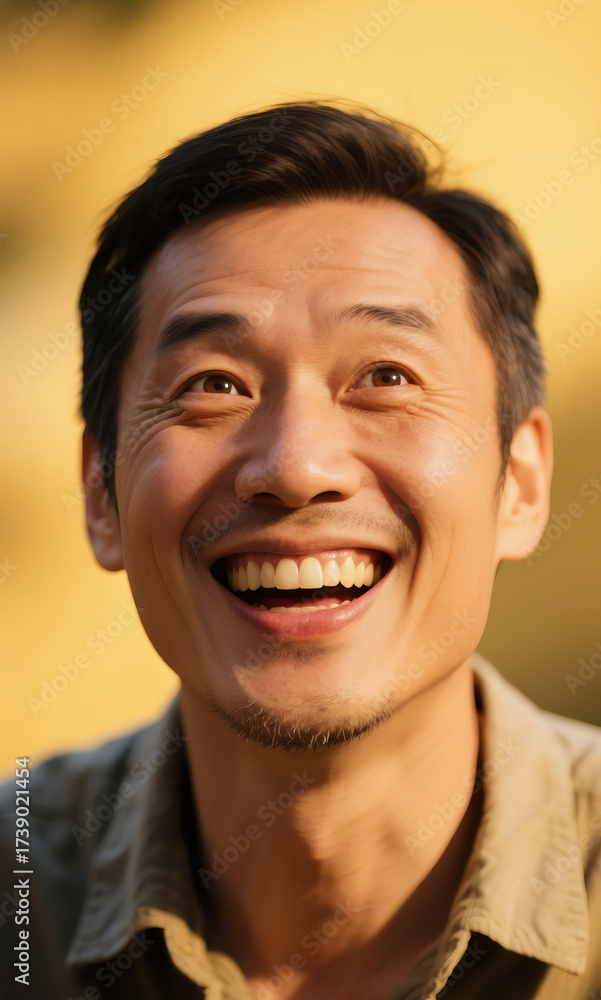 Obraz premium Close-up portrait of a happy, optimistic Asian man, smiling widely as he looks up, exuding pure joy and positive energy under warm, natural lighting