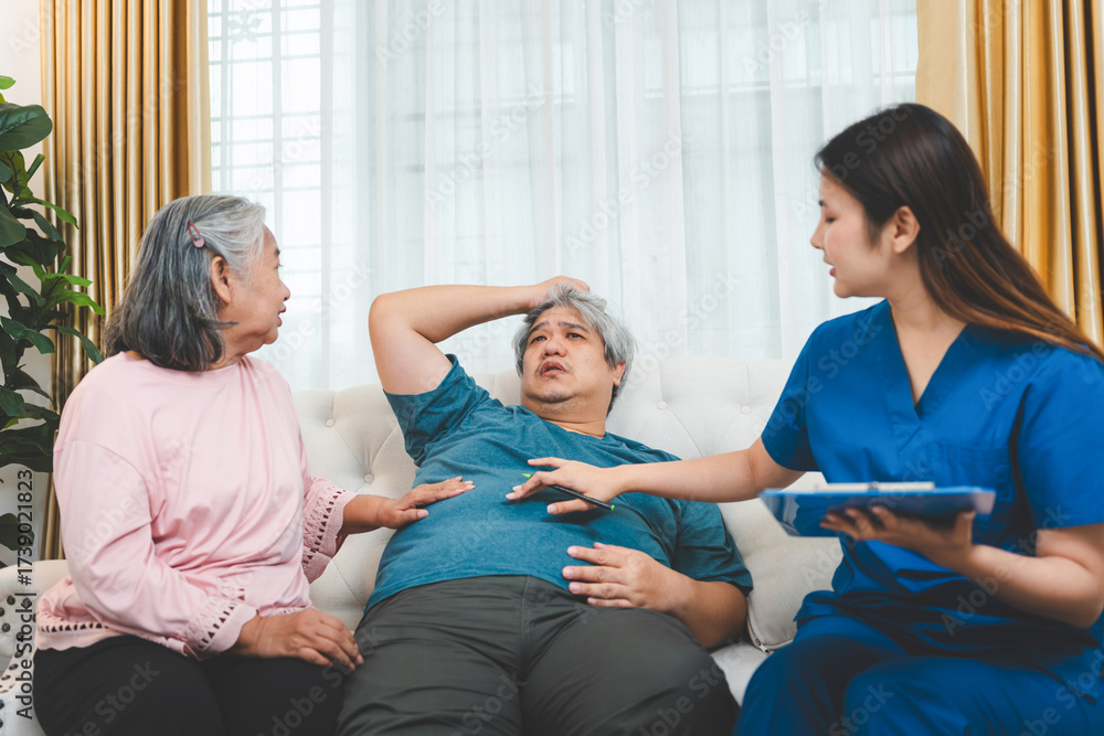 Obraz premium Maternal Support and Medical Assessment for an Adult Son with Health Concerns, Caregiver and Mother Discussing the Treatment Plan, Home Health Nurse Consulting with Middle Age Man and Mother