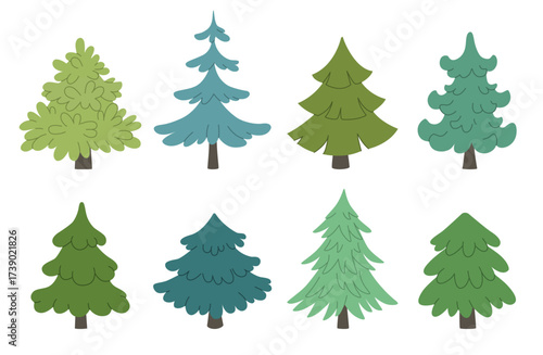 Set of evergreen fir trees. Cartoon forest spruce trees. Wildlife vector illustrations. Natural spruce forest.