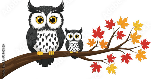 Cartoon owl parent and child illustration, autumn tree branch scene, seasonal animal character design, playful and educational concept, vector art, colorful and whimsical