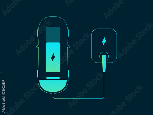 Electric Vehicle battery charging Dashboard UI with top view car outline charging battery from wall chager Blue green gradient color vector design concept. Battery charging dashboard for ui, ev car.