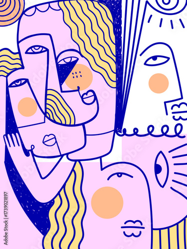 Minimalist abstract doodle face portrait outline vector illustration. Cubism, geometric face male female wall art, print, card, poster and textile design.