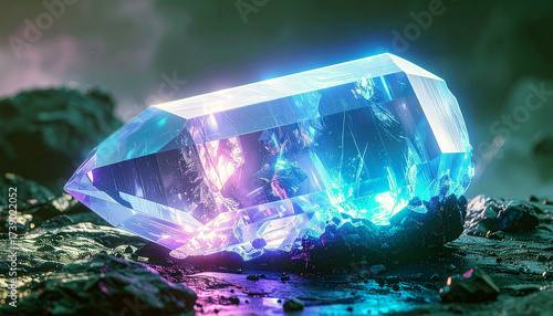 Wallpaper Mural Luminous Crystal's Allure: A captivating close-up of a radiant crystal, its facets reflecting a spectrum of ethereal light, resting upon a rugged, otherworldly terrain. Torontodigital.ca