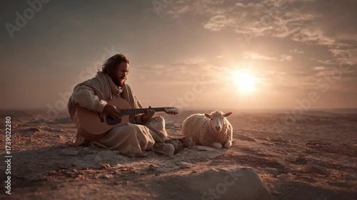 Harmony in the Desert: A solitary figure strums a guitar, accompanied by a gentle lamb, creating a moment of serenity amidst the vast desert landscape, bathed in the warm glow of the setting sun.