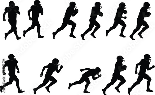 Football, athlete, silhouette, sport, running, motion, helmet, sprint, action, player, ball, dynamic, game, strength, speed, training, American, cleats, movement, performance