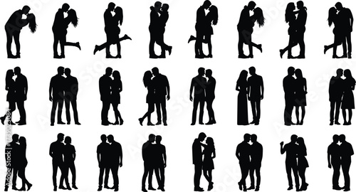 Couple silhouette icon set, romantic poses illustration, hugging kissing holding hands, love and intimacy concept, vector design, black and white grid