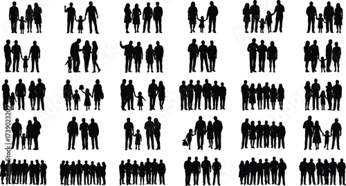 Group silhouette icon set, diverse human configurations illustration, family and social interaction concept, standing pose grid, vector design, black and white