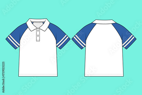 Baby Boys Colorblock Raglan Sleeve Polo Shirt with Arm Stripes Technical Flat Sketch.