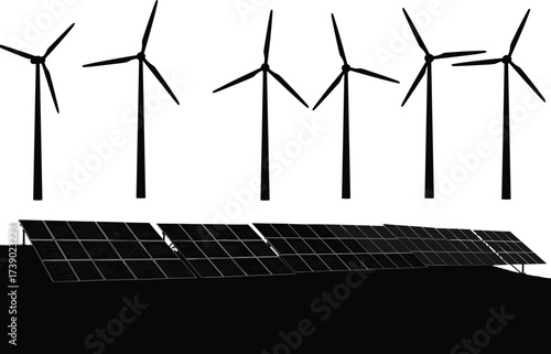 Renewable, energy, silhouette, wind, solar, turbine, panel, power, clean, green, sustainable, electricity, infrastructure, environment, eco, technology, generation, farm, grid, future