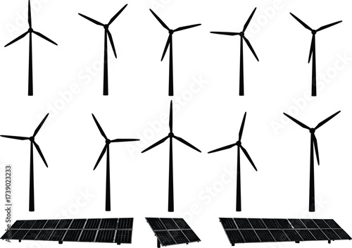 Renewable, energy, silhouette, wind, solar, turbine, panel, power, clean, green, sustainable, electricity, infrastructure, environment, eco, technology, generation, farm, grid, development