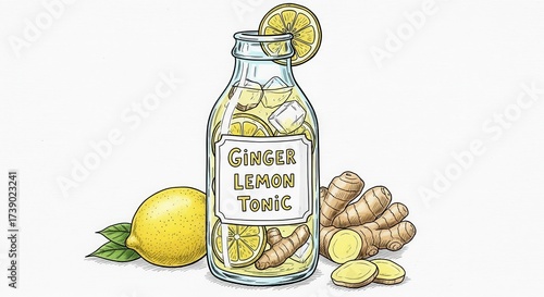 Bottle filled with ginger lemon tonic surrounded by fresh lemon and ginger