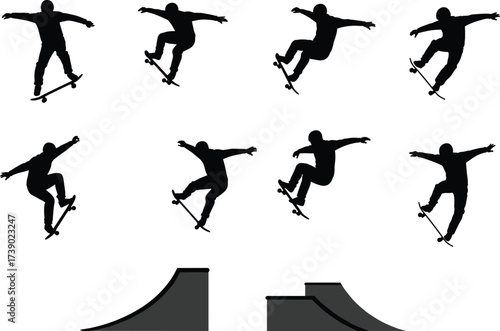Skateboarding, silhouette, tricks, ramp, motion, sport, jump, rider, black, white, action, extreme, freestyle, athlete, stunt, dynamic, quarterpipe, funbox, performance, skate