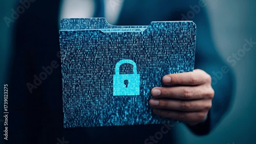 Hand holds a blue folder adorned with binary code  a padlock icon symbolizing data protection