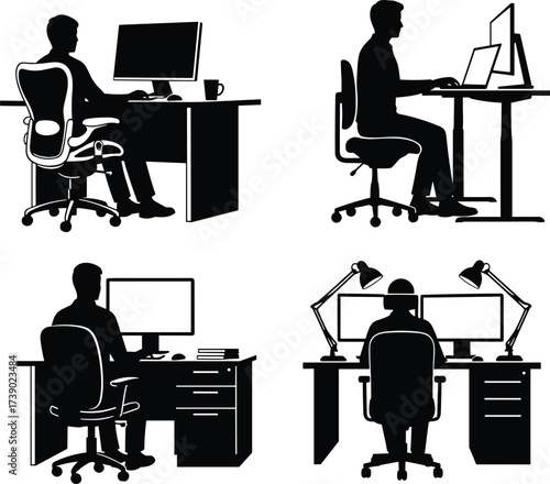 Workstation silhouette icon set, ergonomic desk setups with computers, productivity and remote work concept, office posture illustration, vector design, black and white