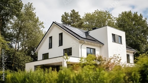 Wallpaper Mural Modern White House with Solar Panels Surrounded by Lush Green Trees. Torontodigital.ca