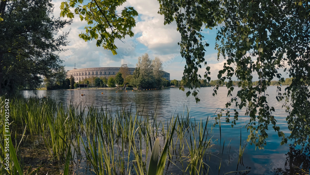 Obraz premium Landscape view with lagoons and many green bushes and trees on a sunny day