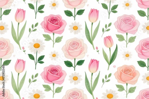 Soft Pink Roses and Daisy Watercolor Pattern