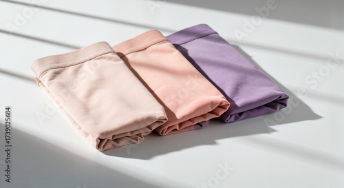 Menstrual panties in soft colors arranged neatly on white surface  