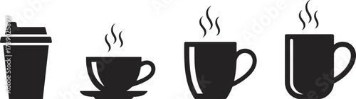 Four Black Silhouette Icons of Hot Beverages in Cups and a To- Go Cup coffee hot drink