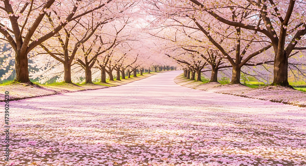 Fototapeta premium Cherry Blossom Tree Full Bloom with Pathway of Petals