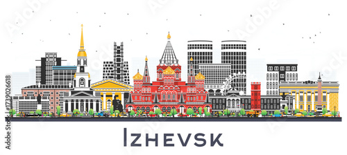 Izhevsk Russia city skyline with color buildings isolated on white. Izhevsk cityscape with landmarks. Business travel and tourism concept with modern and historic architecture.