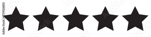 Golden five star rating vector icons set for review feedback, quality evaluation score, achievement badge, success symbol, graphic design element, digital shield, quality mark