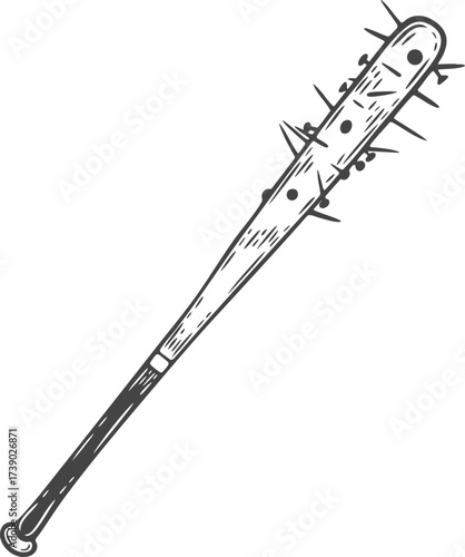 Nailed baseball bat engraving, halloween decoration, wired stick isolated, hand drawn spooky weapon