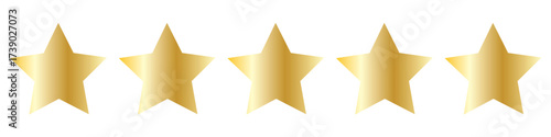 Golden five star rating vector icons set for review feedback, quality evaluation score, achievement badge, success symbol, graphic design element, digital shield, quality mark
