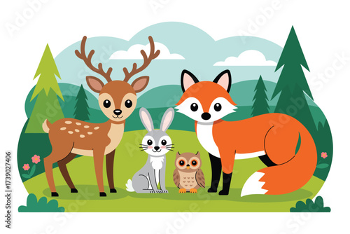 Cute cartoon forest animals including deer fox rabbit and owl in a natural landscape
