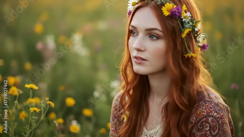Young woman with flower crown in a field of wildflowers enjoying nature 70s vibes