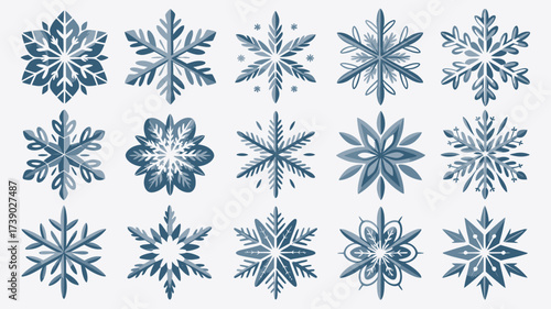 Collection of intricate blue watercolor snowflakes on a light background