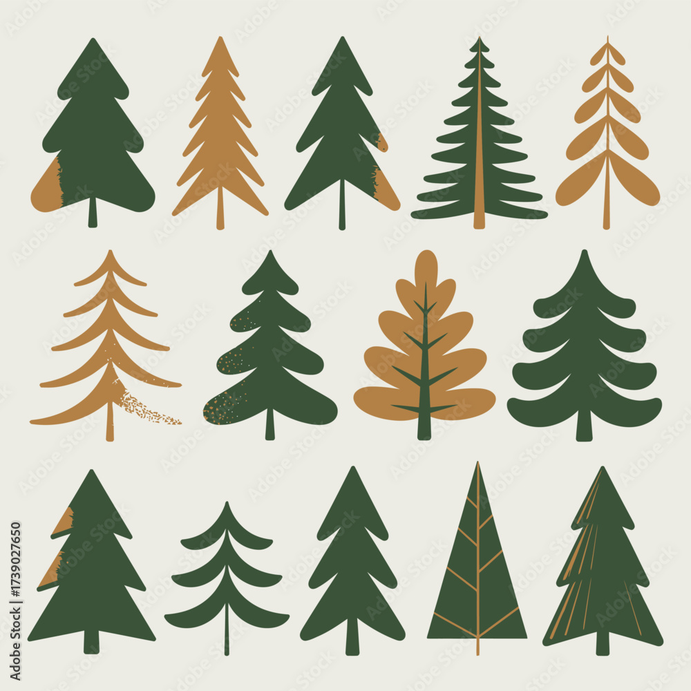 Fototapeta premium Collection of stylized evergreen and pine trees in various designs