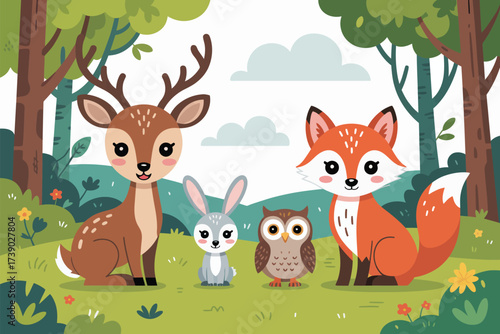 Cute forest animals including deer fox owl and rabbit in a whimsical woodland setting