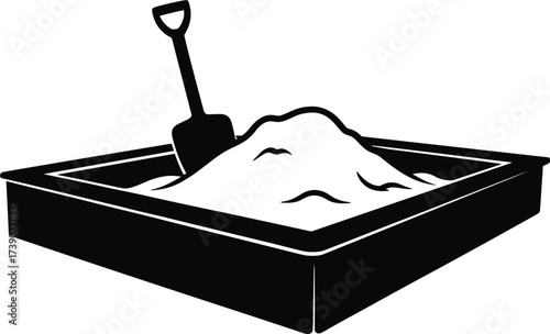 Sandbox with sand and shovel black and white graphic sandpit pile