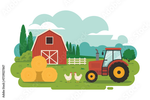 Red barn and tractor in a vibrant farm landscape with hay bales and chickens